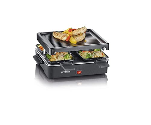 SEVERIN RG 2370 - Mini griglia per raclette con piastra antiaderente e 4 padelle, grill da tavolo per fino a 4 persone, potenza 600 W, colore: Nero