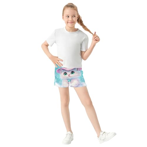 Girls Lounge Shorts Winter White Cat Pink Hat Cute Comfy Animal Print Athletic Pajama Shorts Summer Clothes, X-Small2
