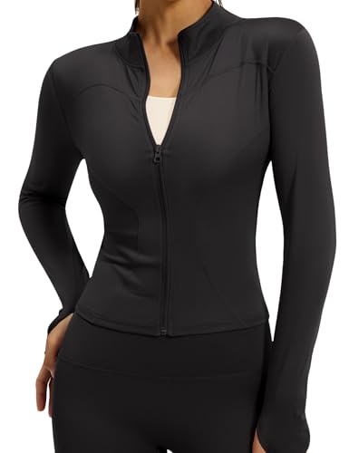 Zibnwek Athletic Jackets For Women Full Zip, Lightweight Long Sleeve Workout Jackets With Thumb Holes, Slim Fit UV Yoga Jacket（Black）