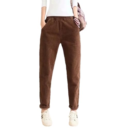 Corduroy Straight Leg Pants Women's Elastic High Waisted Trousers Comfy Casual Work Pull On Pants with Pockets
