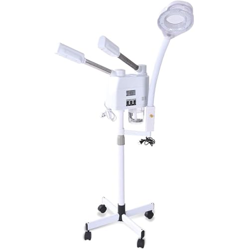 Vaporizador facial profesional 3 en 1 con lámpara de aumento 8X, altura ajustable, equipo de salón de spa en 4 rodillos