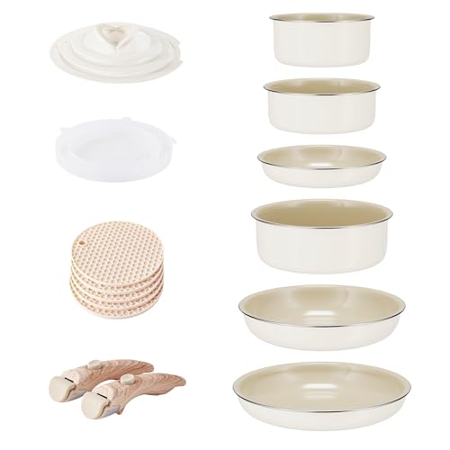 RIOVARM Induction Batterie de cuisine avec Poignées Détachables, Empilables Antiadhésive Céramique Sets de poêles et casseroles avec Couvercles, Peu...