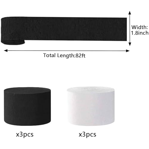 Image of White and Black Crepe Paper Streamers 1.8 Inch Widening 6 Rolls,Black and White Party Streamer 82 feet per roll for Birthday Wedding Party Decorations