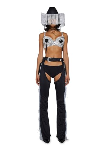 Dolls Kill Giddy Up Rhinestone Cowgirl Costume by Trickz N’ Treatz – Women’s Sequin Bra Top with Fringe Chaps & Hat, Black, Medium