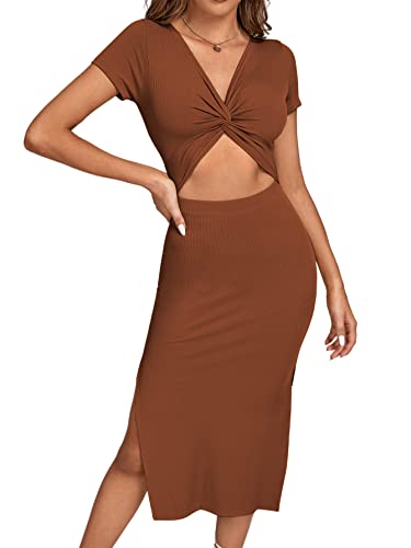 Image of LYANER Women's Twist Front Cut Out Split Hem V Neck Short Sleeve Knit Bodycon Midi Dress