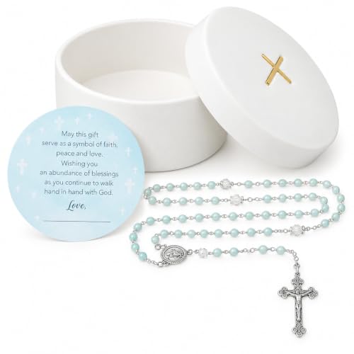 Baptism Gifts for Boys – Blue Rosary with Ceramic Keepsake Box and Card, Blue