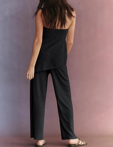 Image of Women Summer Knit Sweater Sets Sexy Tube Top and Loose Pant Lounge Matching Set 2025 2 Piece Outfits