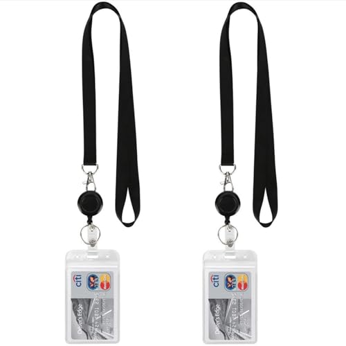 2 Pack Cruise Lanyard with ID Card Holder Retractable Reel Double-Sided Waterproof Clear Badge Holder Black Vertical Lanyard for Cruise Ships Cards & ID