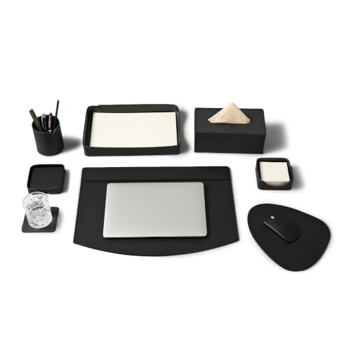 Image of Luxury Leather Desk Top Organiser Set of 7 | Multipurpose Executive Table Organizer for Office | Desk Mat | Pen Holder | Tissue Holder | Mouse Pad | Coaster Set | Memo Pad | Paper Tray - Classic Black