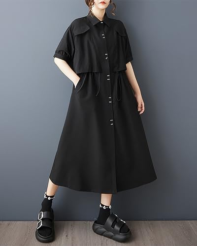 ellazhu Women's Dress Solid Lapel Button Down Two Side Pockets Short Sleeve Plus Size Maxi Loose Casual Fashion GZ587 A4