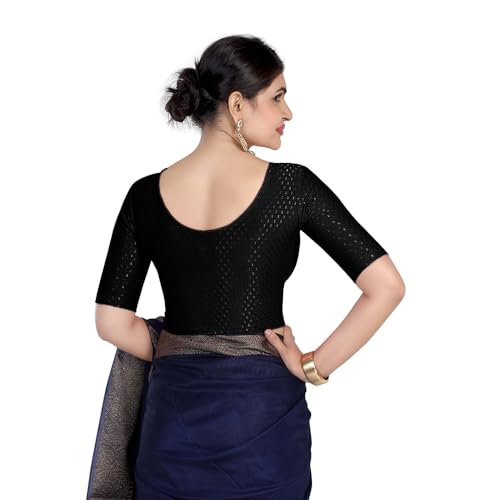 Image of FINESTFIT Round Neck Stretchable Elbow Sleeve Readymade Saree Blouse for Women, 100% Cotton Dobby Fabric