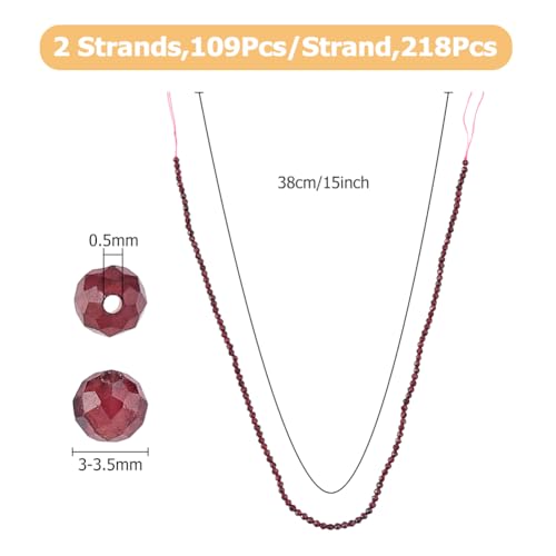 Hobbspring About 218Pcs Natural Garnet Beads 3mm Faceted Gemstone Beads Mini Gemstone Spacer Beads Red Loose Beads 2 Stands Small Beads Strands for Bracelet Necklace Earring Jewelry Making - Image 2