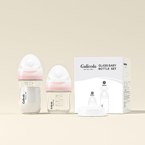 Gulicola Natural Glass Baby Bottle Newborn Set, 3 oz and 5 oz with Extra Slow Flow & Slow Flow Nipple, Anti Colic, 0-3 Months, 2 Pack - Pink