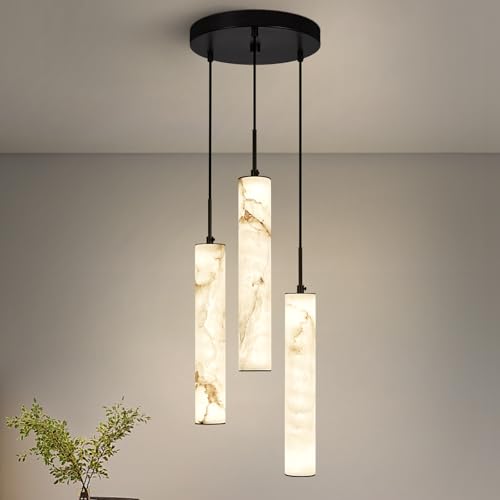 Image of LMQNINE Natural Alabaster Pendant Lights for Kitchen Island White Marble Long Tube Chandelier 4000K Modern Black Ceiling Light Fixtures for Bedroom Dining Room Living Room Hallway(Y-3Light-Crackle)