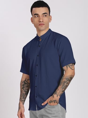 Image of Men's Regular Fit Solid Casual Shirt - Short Sleeve, Mandarin Collar, Lightweight Polyester, Stylish Everyday Wear