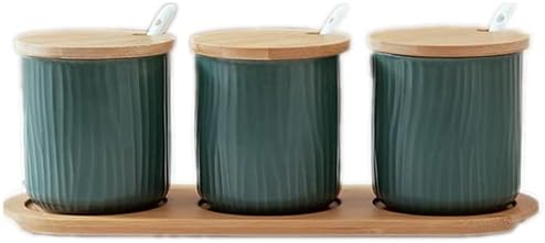 調味料入れ 調味料ストッカー 木台 匙付き 塩 コショウ 砂糖入れ おしゃれ 調味料ケース スパイスボトル 薬味入れ 塩胡椒入れ 蓋付き 防塵防湿気 塩 砂糖 胡椒など料理用調味料の容器として最適です 3ピース グリーン Cafe Du Jardin Com