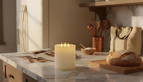 Image of 3-Wick Flameless Pillar Candle with Remote Timer, 3D Moving Flame Real Wax Led Candles (Ivory with 3 Wick, 6.5in)