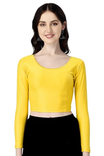 Shiv Textiles Round Neck Dobby Cotton Lycra Stretchable Elbow Sleeve Readymade Saree Blouse For Women Stylish (Yellowpluse Size Full Sleeve)