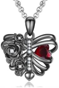 LES OSEWA Gothic Necklace Sterling Silver Black Rib Cage Heart Pendant Necklace Halloween Goth Skull Skeleton Jewelry Gifts for Women Girls