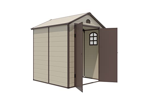 RELAX4LIFE Gerätehaus Metall & Kunststoff, Gartenhaus mit abschließbarer Doppeltür & Fenstern, Geräteschuppen mit 2 Lüftungsschächten, Lagerschuppen Outdoor, 192,5x191x227 cm, Beige+Braun