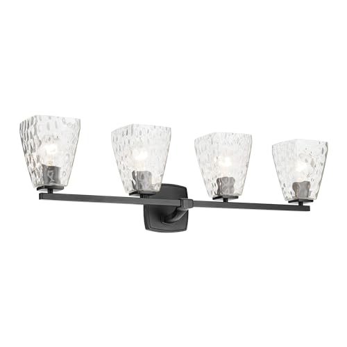 Image of Kichler Marant 4-Light Bathroom Vanity Light Fixture with Clear Water Glass in Black, Modern Wall Mount Over Mirror Lighting for Powder Room (33.25 inch x 9.5 inch x 6.75 inch), 55217BKWTR