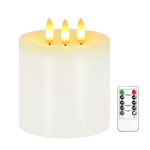 Large 3 Wick Flameless Candles 4x4 Flickering Flameless Candles with Remote & Timer Dimmable Real Wax LED Candles Battery Operated Electric Pillar Candles for Home Wedding Christmas Decor (White)