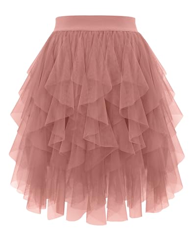 Kingfancy Tulle Skirts for Women Short Fairy Skirt Tutu A-Line Mesh Layered Spring Skirts Blush L