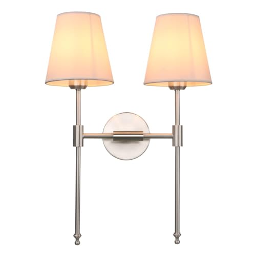 Image of PERMO Industrial Double Sconce Large 2-Lights Wall Sconce with Flared White Textile Lampshade and Brushed Nickel Finished Long Arm for Bathroom Bedroom, Hardwired Wall Sconces
