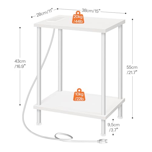 HOOBRO Side Table with Charging Station, End Table with USB Port and Outlets, Nightstand with 2-Layer Storage Shelves for Small Spaces, Living Room, Bedroom, White WW09UBZ01