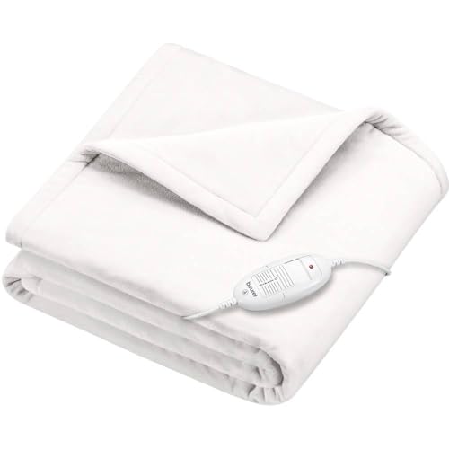 Beurer HD 75 Electric Blanket, Plush Fleece Blanket, 6 Temperature Settings with a Safety System and Automatic Shut-Off, Machine Washable, White, 180 x 130 cm
