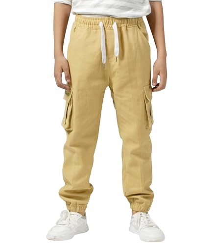 TLAENSON Boys Twill Cargo Pants Kids Drawstring Elastic Waist School Uniform Youth Joggers