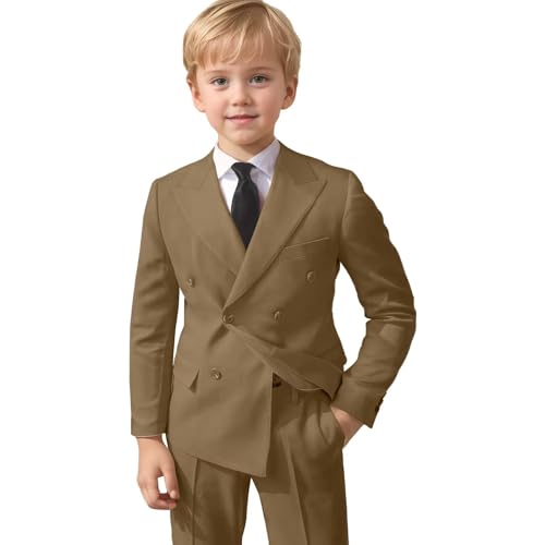 Boys Light Brown Double Breasted Suit 2 Piece Solid Suit Jacket Pants Set Toddler Ring Bearer Outfit for Wedding Prom Tuxedo Set 7