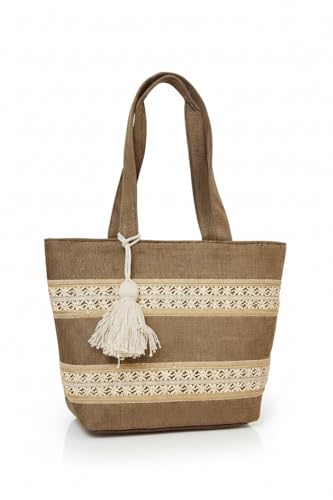 Image of Babbotty Jute Stylish Tote Bags for Women Big Size with Zip Multiple Compartments Inner Pocket Ladies Purse Handbags Girls Shoulder Hobo Bag for Office College Daily Use & Travel