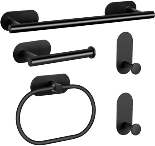 Amazon.com: 5 Pieces Bathroom Hardware Set, Self Adhesive Matte Black Bathroom Accessories Set ...