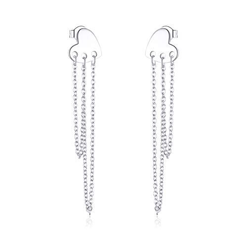Fashion Heart Tassel Threader Stud Earrings S925 Sterling Silver Minimalist Dangle Drop Long Chain Eternity Love Earring Studs Cute Jewelry Gifts for Women Girls BFF