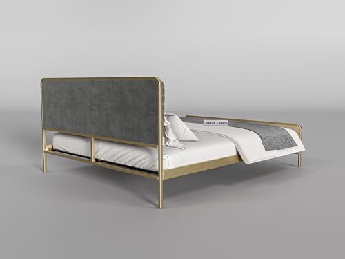 Image of Modern Upholstered King Size Bed for Bedroom | Metal Double Bed | Platform Cot Bed with Upholstery Premium Fabric | 6.5 x 6 Ft | Powder Coated Metal Bed | Grey