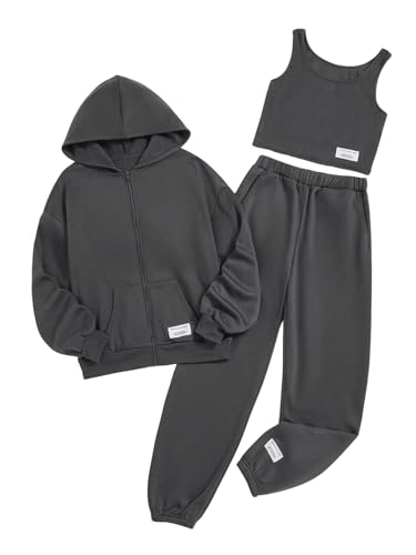 Image of Floerns Girl's 3 Piece Outfit Letter Patch Hoodie Jacket and Camisole Sweatpants Set Dark Grey 11Y