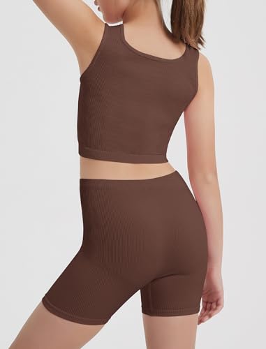 Image of EXARUS Girls 2 Piece Outfits Seamless Ribbed Cropped Tank Top Shorts Set | Teen Two Piece Outfit Tween Summer Dance Vacation Yoga Crew Neck Youth Athletic Workout Set Kids High Waist Elasticity 6-14Y