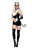 Dreamgirl Women's Sexy Comic Book Cat Burglar Costume - Black Romper Cosplay Outfit with White Faux Fur Trim Large