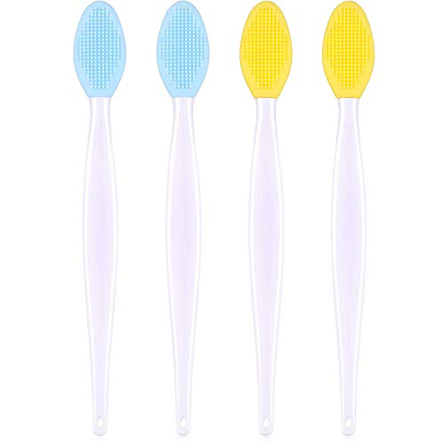 4 Pieces Silicone Exfoliating Lip Brush Tool Double-sided Soft Lip Brush for Smoother and Fuller Lip Appearance (Blue, Yellow)