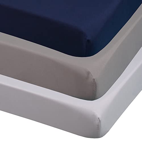 Image of CaSaJa 3-Pack Fitted Crib Sheets Set for Baby Boys, Extra Soft Breathable 9" Deep Mattress Sheet for Standard Toddler Bed 28x52, Cozy Washable Microfiber Nursery Sheets, Navy/Charcoal Gray/Pale Grey