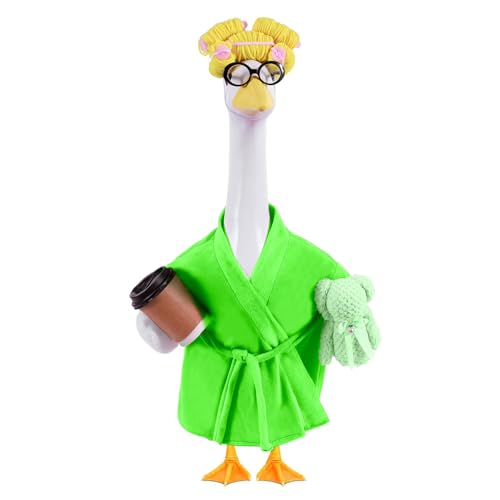Froklic Lady Porch Goose Outfits,Bathrobe Porch Goose Statue Costume with Curlers Reading Glasses Coffee Cup Towel, Cute Goose Clothes for 23-Inch Cement Statue, Lawn Yard Garden Patio Decor(Green)
