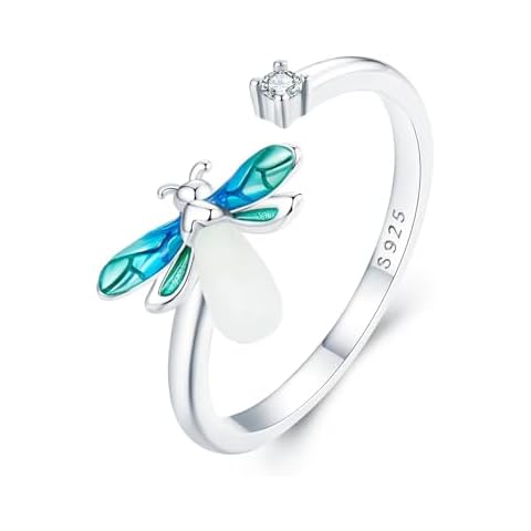 Qings Luminous Firefly Ring for Women, 925 Sterling Silver Glow in the Dark Fireworm Adjustable Ring Cute Animal Open Ring Jewelry Gifts for Ladies Cover