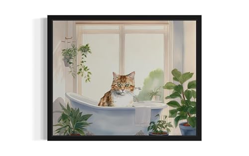 Image of Cat Black Framed Wall Art Poster Print, Animal Bathtub Restroom Wall Art Painting for Bathroom Decor Gallery Gallery 30 (Cat, 14 inch L x 11 inch W, Black Frame)