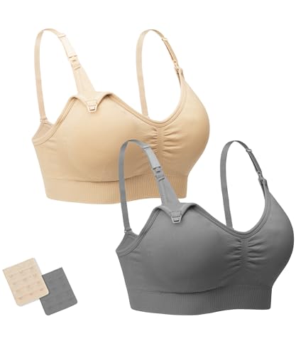 Stelle Nursing Bras Maternity Bra for Breastfeeding Pregnancy Wireless Bralette with Pads, Extenders (Gray+Beige,M)