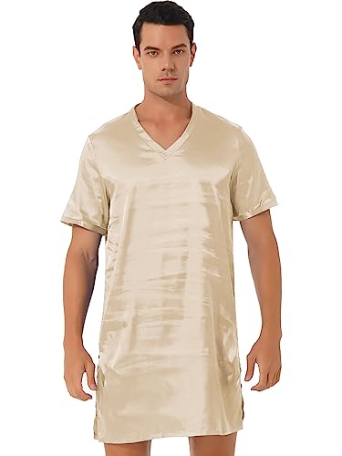 Hularka Men's Silk Satin Nightshirt Nightgown Short Sleeve V-neck Casual Nightwear Top Shirt Sleepwear