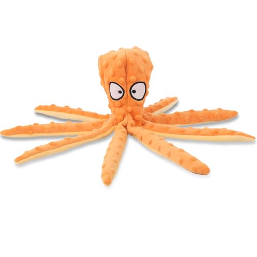 KinLoca Octopus Dog Toy Stuffing Free Octopus Dog Toy Squeaky & Crinkle Plush for Aggressive Chewers Dogs for Interactive Play Teething & Anxiety Relief (Orange)