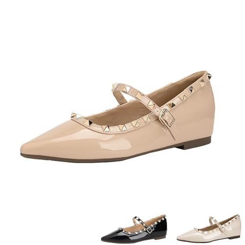 Women's Patent Leather Studded Pointed Toe Mary Jane Flats Elegant Comfortable Non-Slip Adjustable Ankle Buckle Flat Ballet Shoes for Wedding Casual Dress Shoes