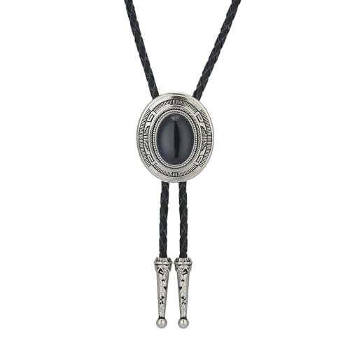 Image of Vintage Western Cowboy Rodeo Black Agate Bolo Tie for Men Women | Premium braided leather, adjustable sliding clasp, anti-tarnish alloy pendant, versatile western bolo tie