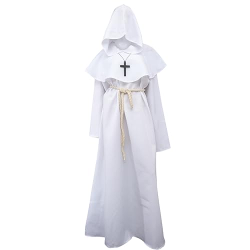 Déguisement pour fête et Halloween : robe de moine prêtre médiévale en polyester blanc rétro